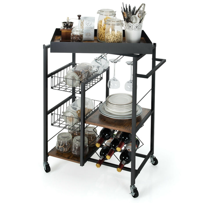 Kitchen Island Cart on Wheels with Removable Top and Wine Rack-Rustic Brown