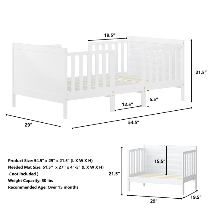 2-in-1 Convertible Kids Wooden Bedroom Furniture with Guardrails-White