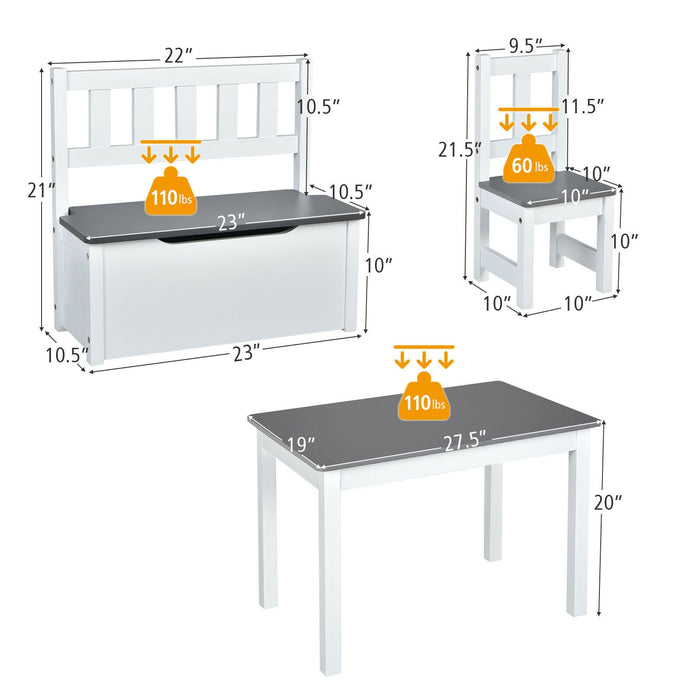 4 Pieces Kids Wooden Activity Table and Chairs Set with Storage Bench and Study Desk-Gray