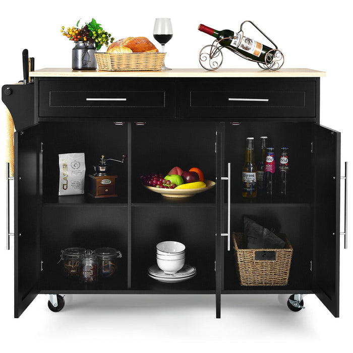 Kitchen Island Trolley Wood Top Rolling Storage Cabinet Cart with Knife Block-Black