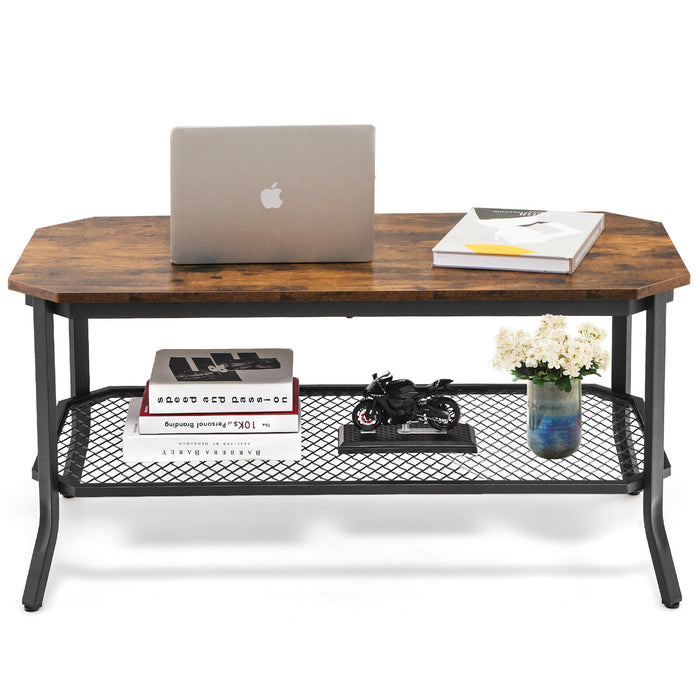 2-Tier Industrial Coffee Table with Open Mesh Storage Shelf for Living Room-Rustic Brown