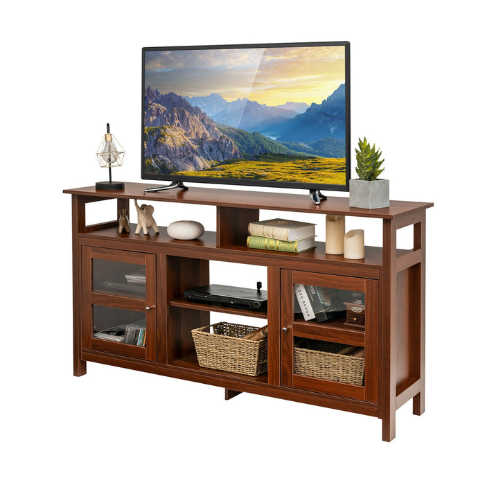 58 Inch TV Stand Console Center with 2 Cabinets and Open Shelf-Walnut