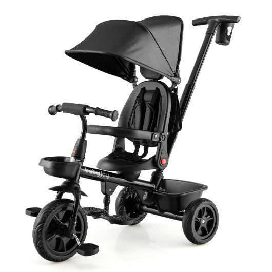 4-in-1 Reversible Toddler Tricycle with Height Adjustable Push Handle-Black