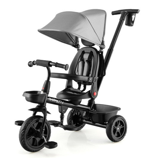 4-in-1 Reversible Toddler Tricycle with Height Adjustable Push Handle-Gray