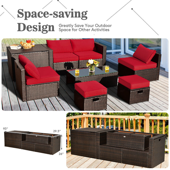 8 Pieces Patio Space-Saving Rattan Furniture Set with Storage Box and Waterproof Cover-Red