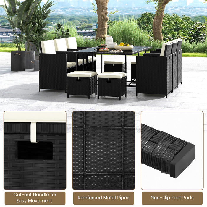 11 Piece Patio Dining Set Wicker Chairs and Tempered Glass Table with Waterproof Cushions-Black & White