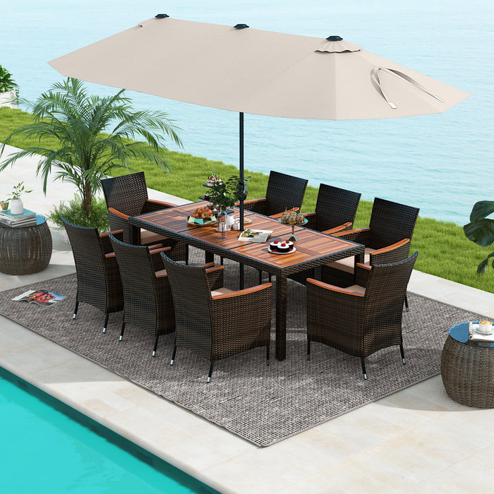 11 Pieces Patio Dining Set with 15 Feet Double-Sided Patio Umbrella and Base-Beige