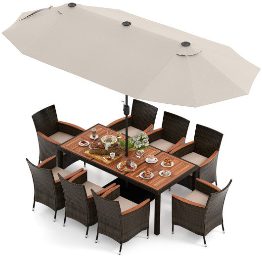 11 Pieces Patio Dining Set with 15 Feet Double-Sided Patio Umbrella and Base-Beige