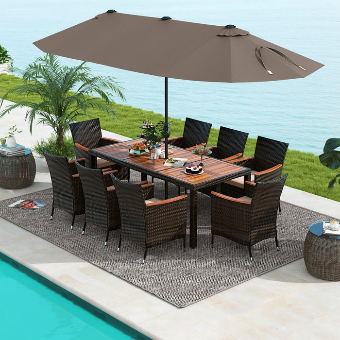 11 Pieces Patio Dining Set with 15 Feet Double-Sided Patio Umbrella and Base-Coffee