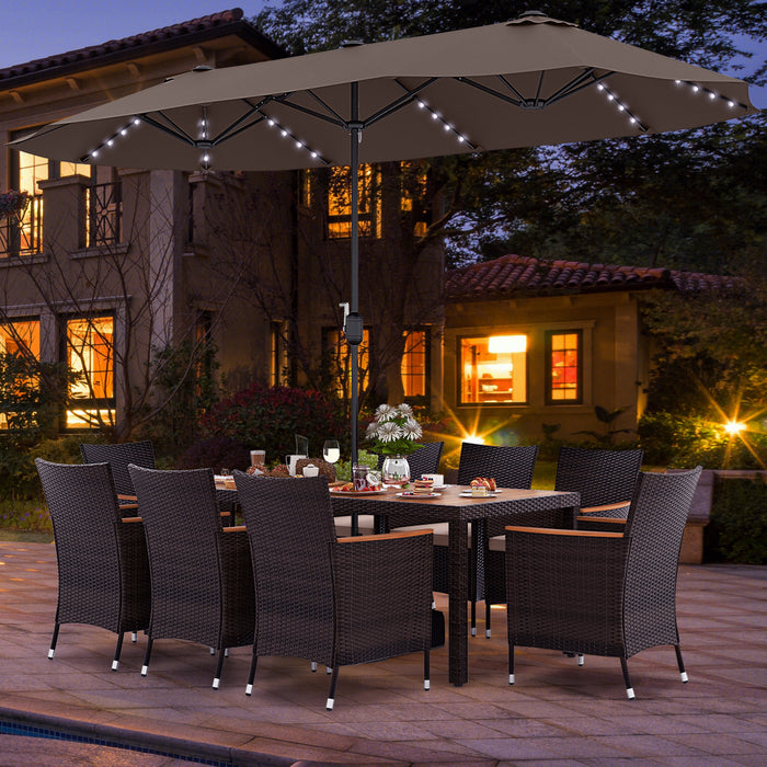 11 Pieces Patio Dining Set with 15 Feet Double-Sided Patio Umbrella and Base-Coffee