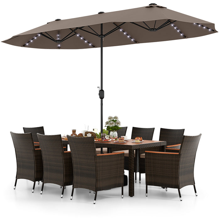 11 Pieces Patio Dining Set with 15 Feet Double-Sided Patio Umbrella and Base-Coffee