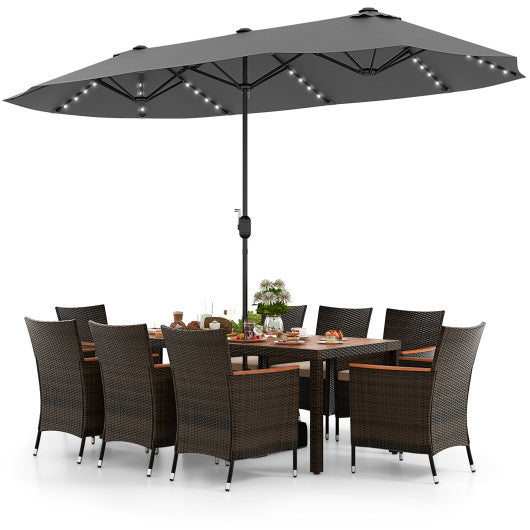 11 Pieces Patio Dining Set with 15 Feet Double-Sided Patio Umbrella and Base-Gray