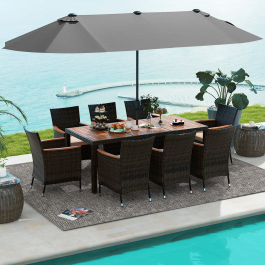 11 Pieces Patio Dining Set with 15 Feet Double-Sided Patio Umbrella and Base-Gray