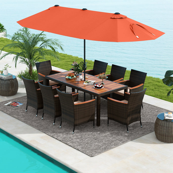 11 Pieces Patio Dining Set with 15 Feet Double-Sided Patio Umbrella and Base-Orange