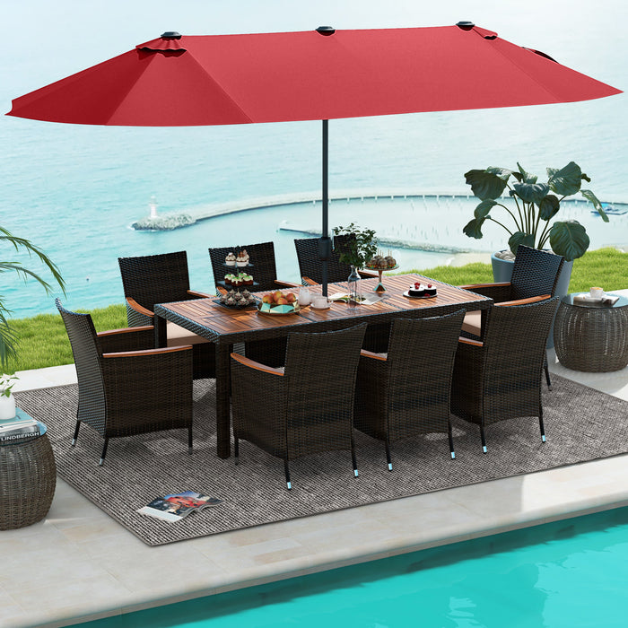 11 Pieces Patio Dining Set with 15 Feet Double-Sided Patio Umbrella and Base-Wine