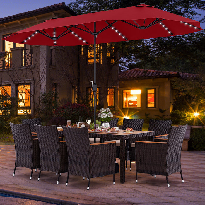 11 Pieces Patio Dining Set with 15 Feet Double-Sided Patio Umbrella and Base-Wine