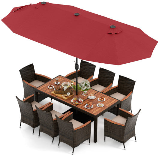 11 Pieces Patio Dining Set with 15 Feet Double-Sided Patio Umbrella and Base-Wine