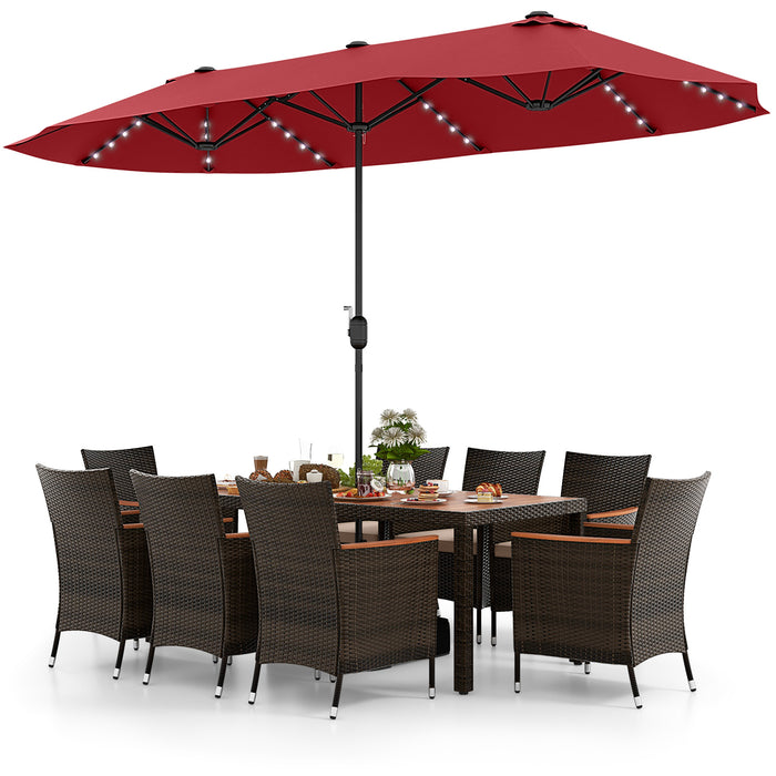 11 Pieces Patio Dining Set with 15 Feet Double-Sided Patio Umbrella and Base-Wine