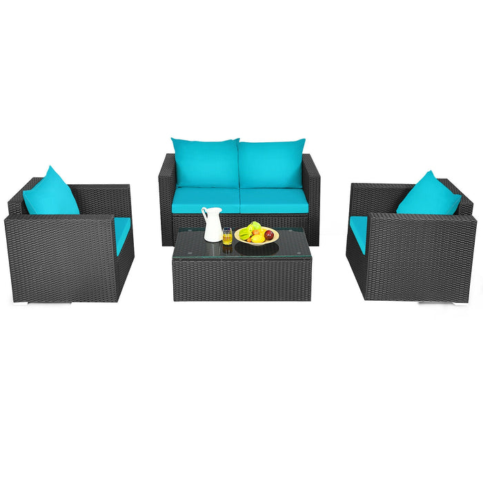 4Pcs Patio Rattan Cushioned Furniture Set-Turquoise