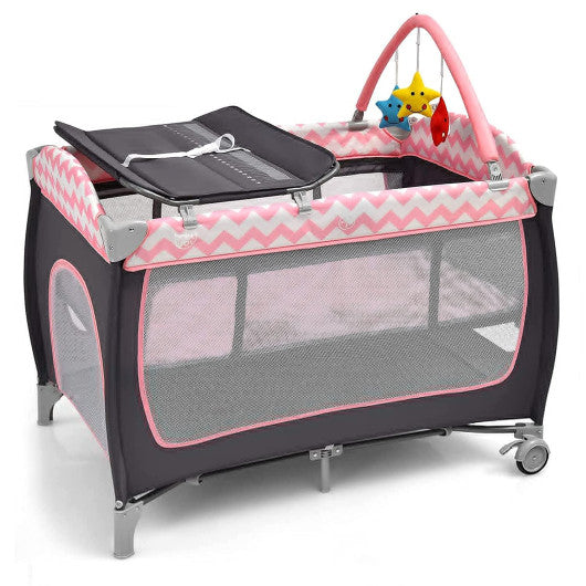 3-in-1 Portable Baby Playard with Zippered Door and Toy Bar-Pink