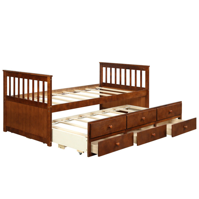 Twin Captainâ€™s Bed with Trundle and 3 Storage Drawers-Walnut