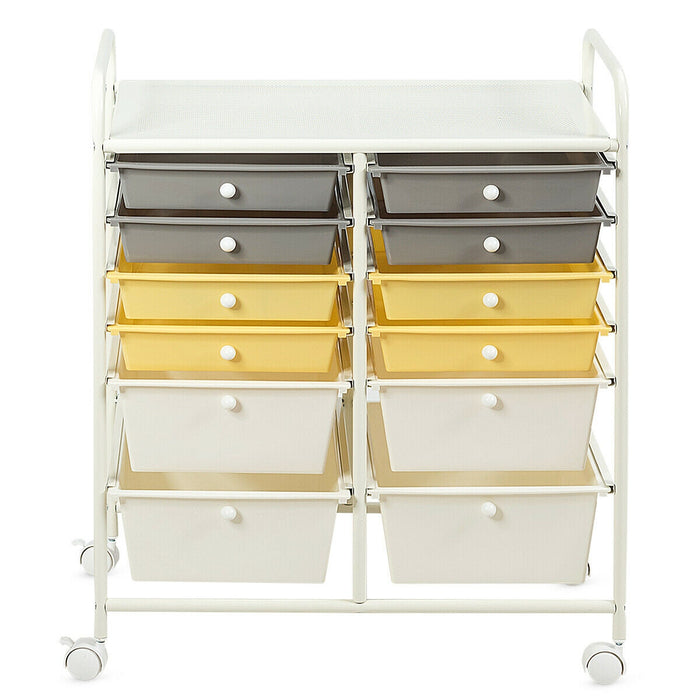 12 Drawers Rolling Cart Storage Scrapbook Paper Organizer Bins-Yellow