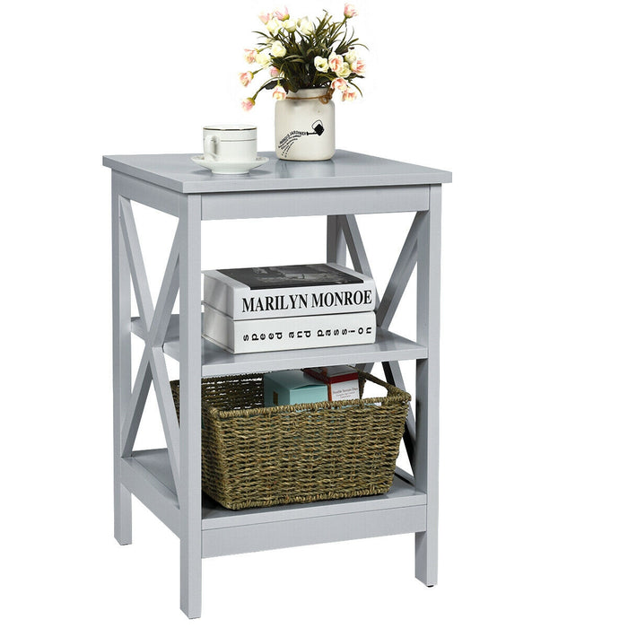 3-Tier Nightstand End Table with X Design Storage -Gray