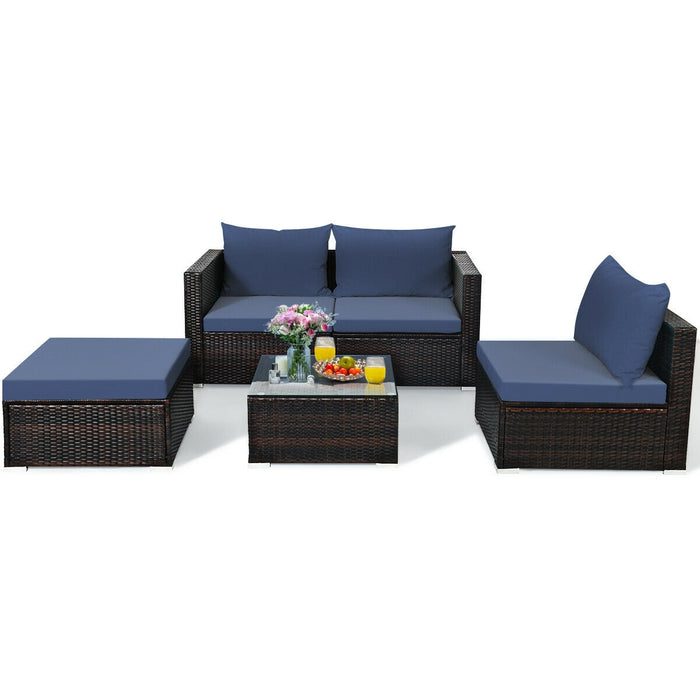 5 Pieces Patio Rattan Sectional Furniture Set with Cushions and Coffee Table -Navy