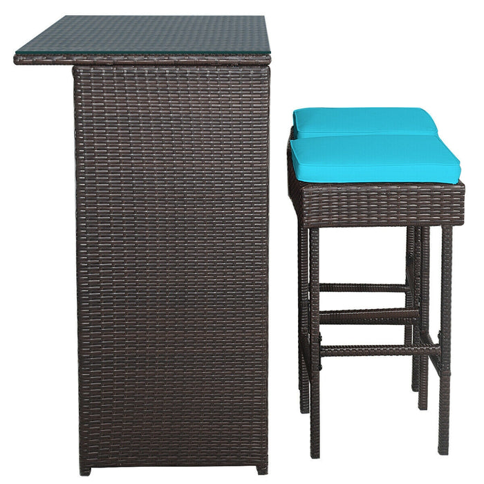 3PCS Patio Rattan Wicker Bar Table Stools Dining Set-Turquoise