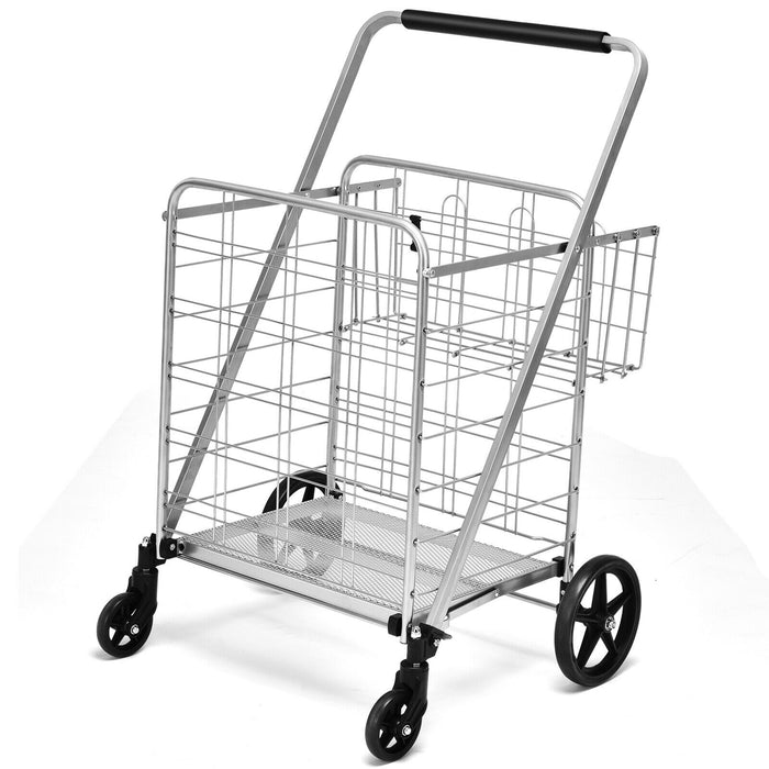 Heavy Duty Folding Utility Shopping Double Cart-Silver