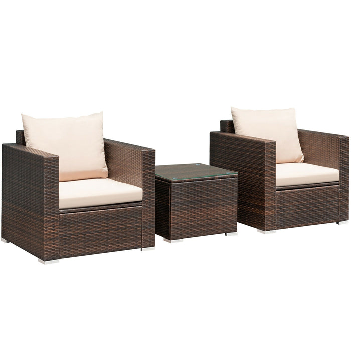 3 Pcs Patio Conversation Rattan Furniture Set with Cushion-Beige