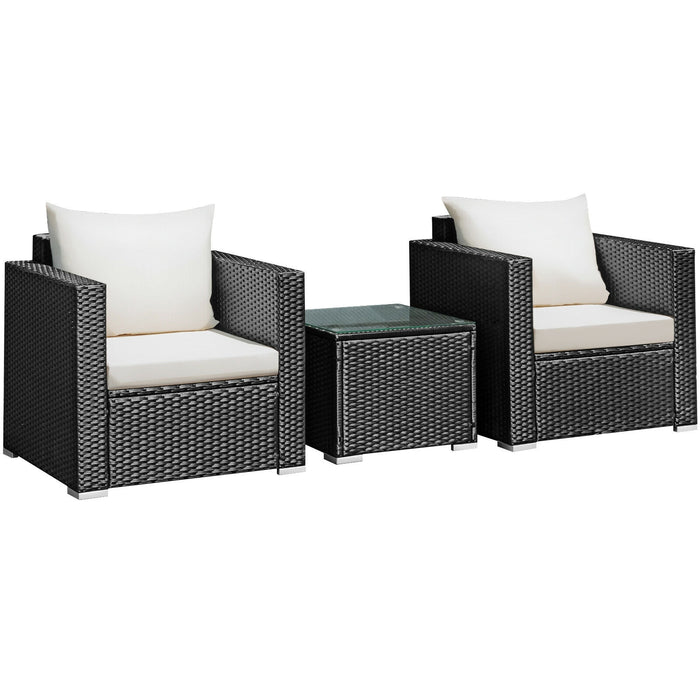 3 Pieces Patio Wicker Conversation SetÂ with Cushion-White