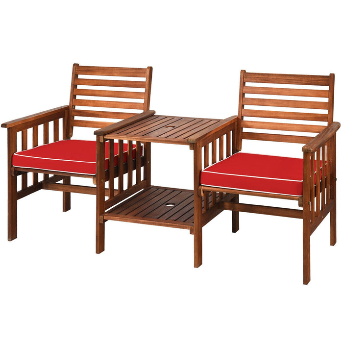 3 pcs Outdoor Patio Table Chairs Set Acacia Wood Loveseat-Red