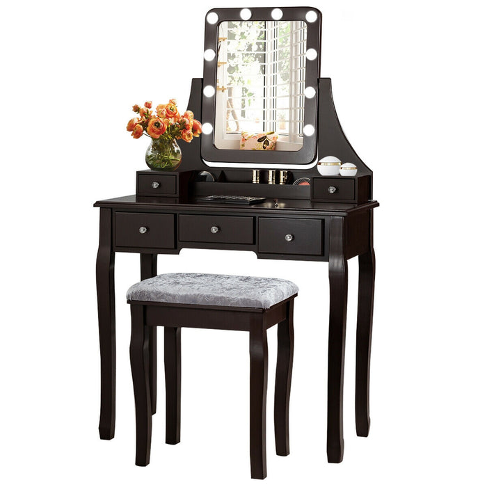 Vanity Dressing Table Set with 10 Dimmable Bulbs and Cushioned Stool-Brown