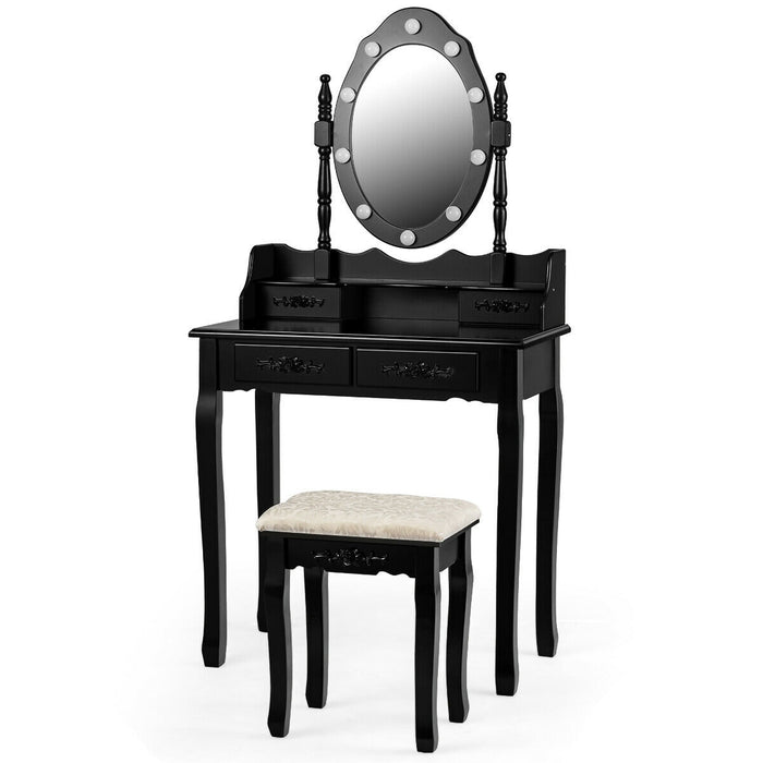 Makeup Vanity Dressing Table Set with Dimmable Bulbs Cushioned Stool-Black