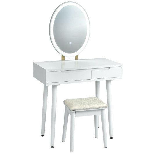 Touch Screen Vanity Makeup Table Stool Set with Lighted Mirror-White