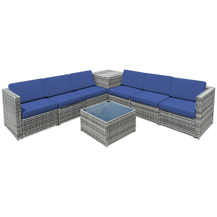 8 Piece Wicker Sofa Rattan Dinning Set Patio Furniture with Storage Table-Navy