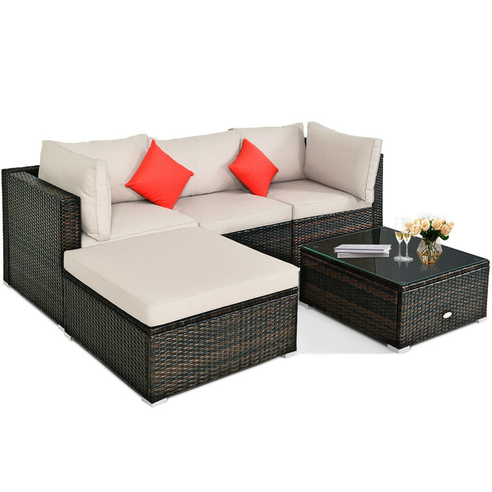 5 Pieces Outdoor Patio Rattan Furniture Set With Cushions-Beige