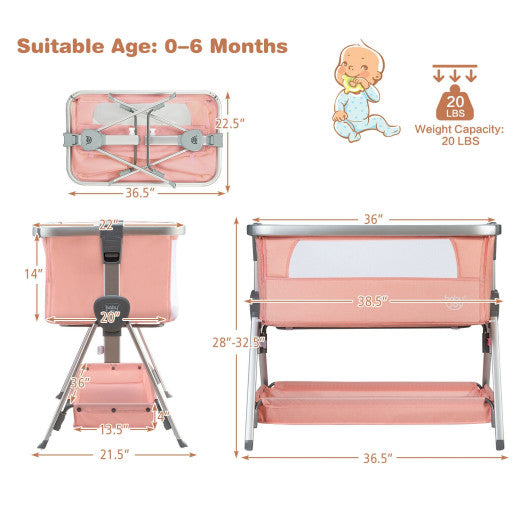 Baby Bed Side Crib Portable Adjustable Infant Travel Sleeper Bassinet-Pink