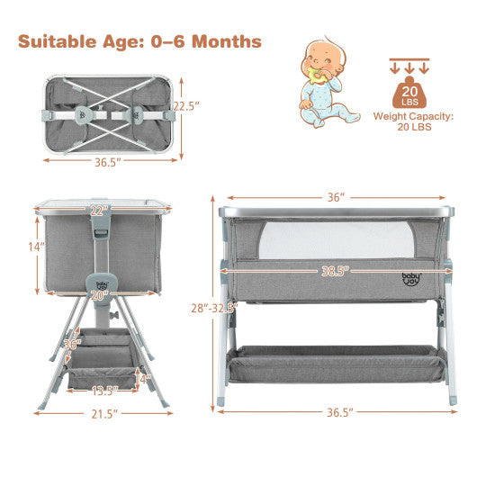 Baby Bed Side Crib Portable Adjustable Infant Travel Sleeper Bassinet-Gray