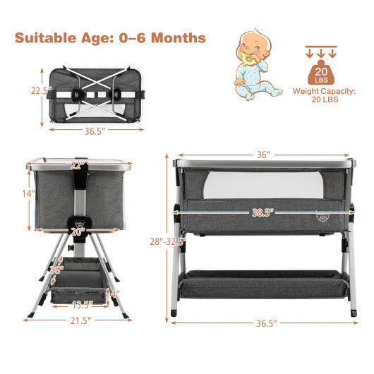 Baby Bed Side Crib Portable Adjustable Infant Travel Sleeper Bassinet-Dark Gray