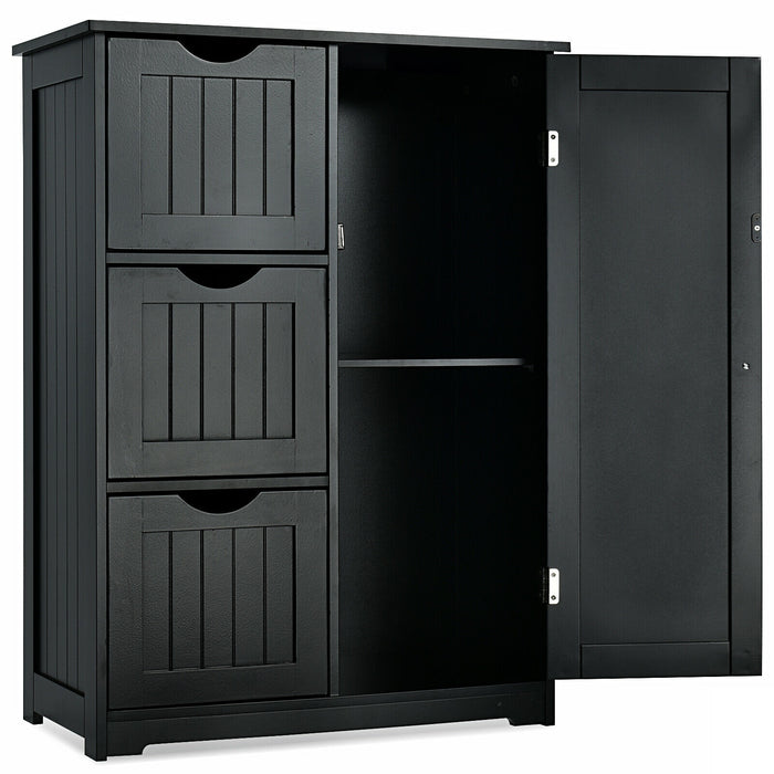 Bathroom Floor Cabinet Side Storage Cabinet with 3 Drawers and 1 Cupboard-Black