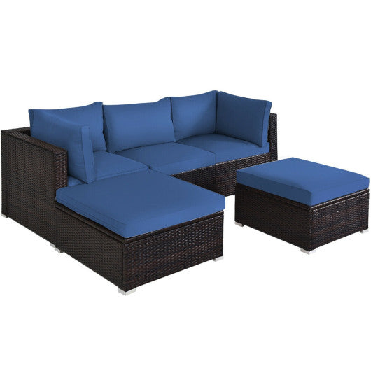 5 Pieces Patio Rattan Sofa Set with Cushion and Ottomans-Navy