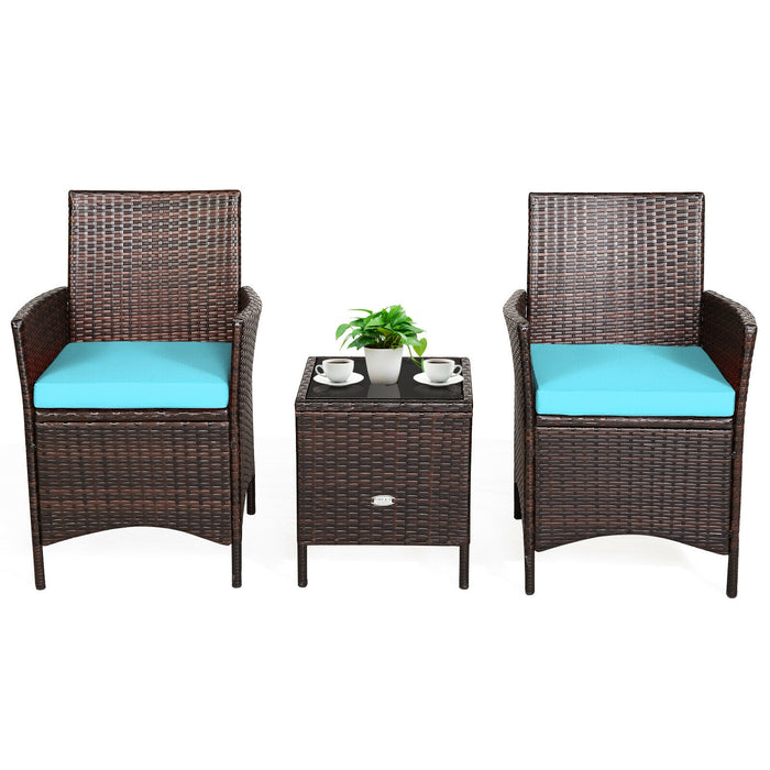 3 Pieces Patio Rattan Furniture Set Cushioned Sofa and Glass Tabletop Deck-Blue