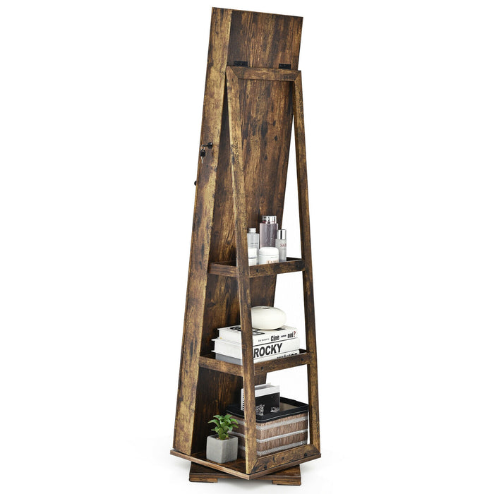 360Â° Rotatable 2-in-1 Lockable Jewelry Cabinet with Full-Length Mirror-Rustic Brown