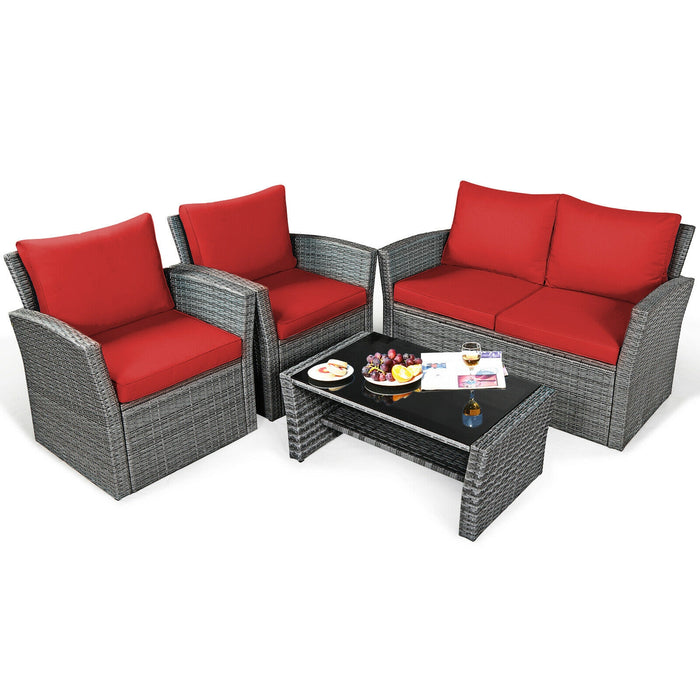 4 Pieces Patio Rattan Furniture Set Sofa Table with Storage Shelf Cushion-Red