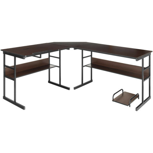 L-Shaped Computer Desk with Tiltable Tabletop-Brown