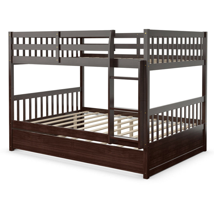 Full over Full Bunk Bed Platform Wood Bed with Ladder-Brown