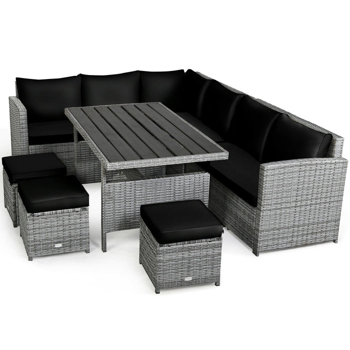 7 Pieces Patio Rattan Dining Furniture Sectional Sofa Set with Wicker Ottoman-Black