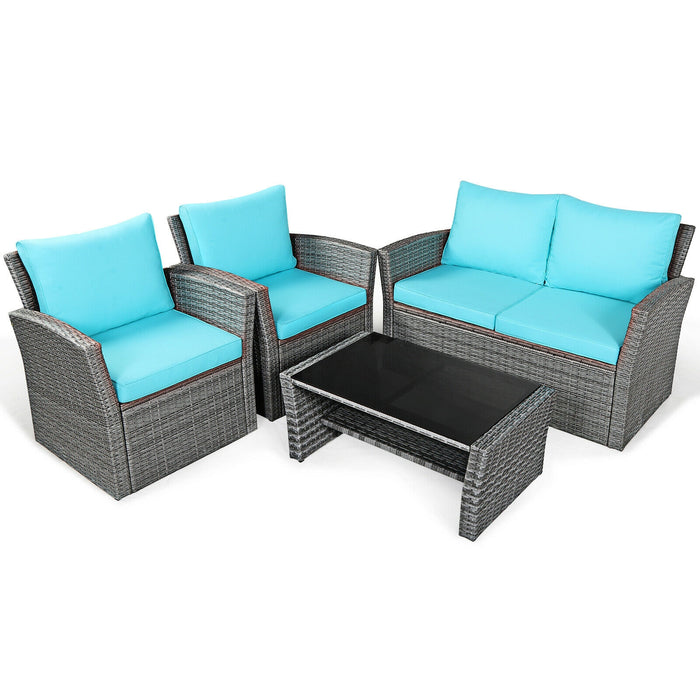 4 Pieces Patio Rattan Furniture Set Sofa Table with Storage Shelf Cushion-Turquoise